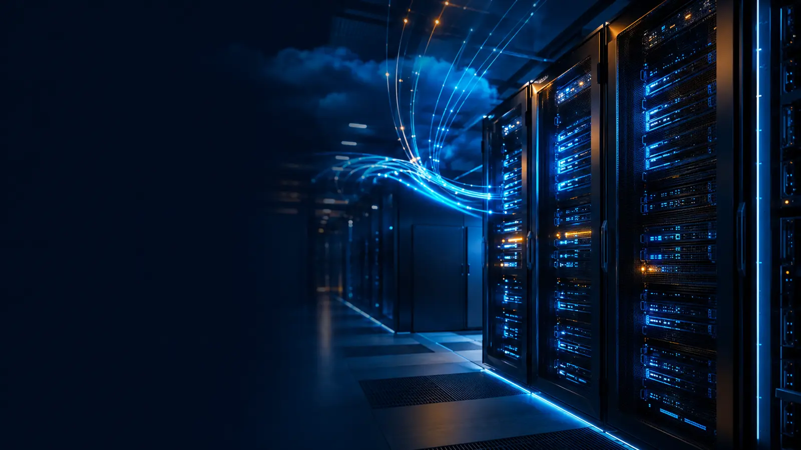Datacenter profissional com servidores conectados à infraestrutura cloud